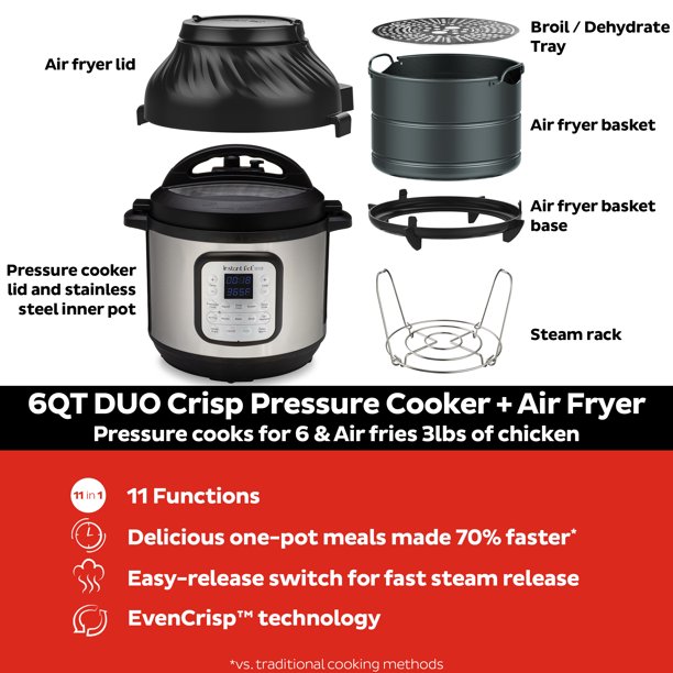 Instant Pot, 6-Quart Duo Crisp, Air Fryer+ Multi-Use Small Pressure Cooker to Roast Bake, Dehydrate & More