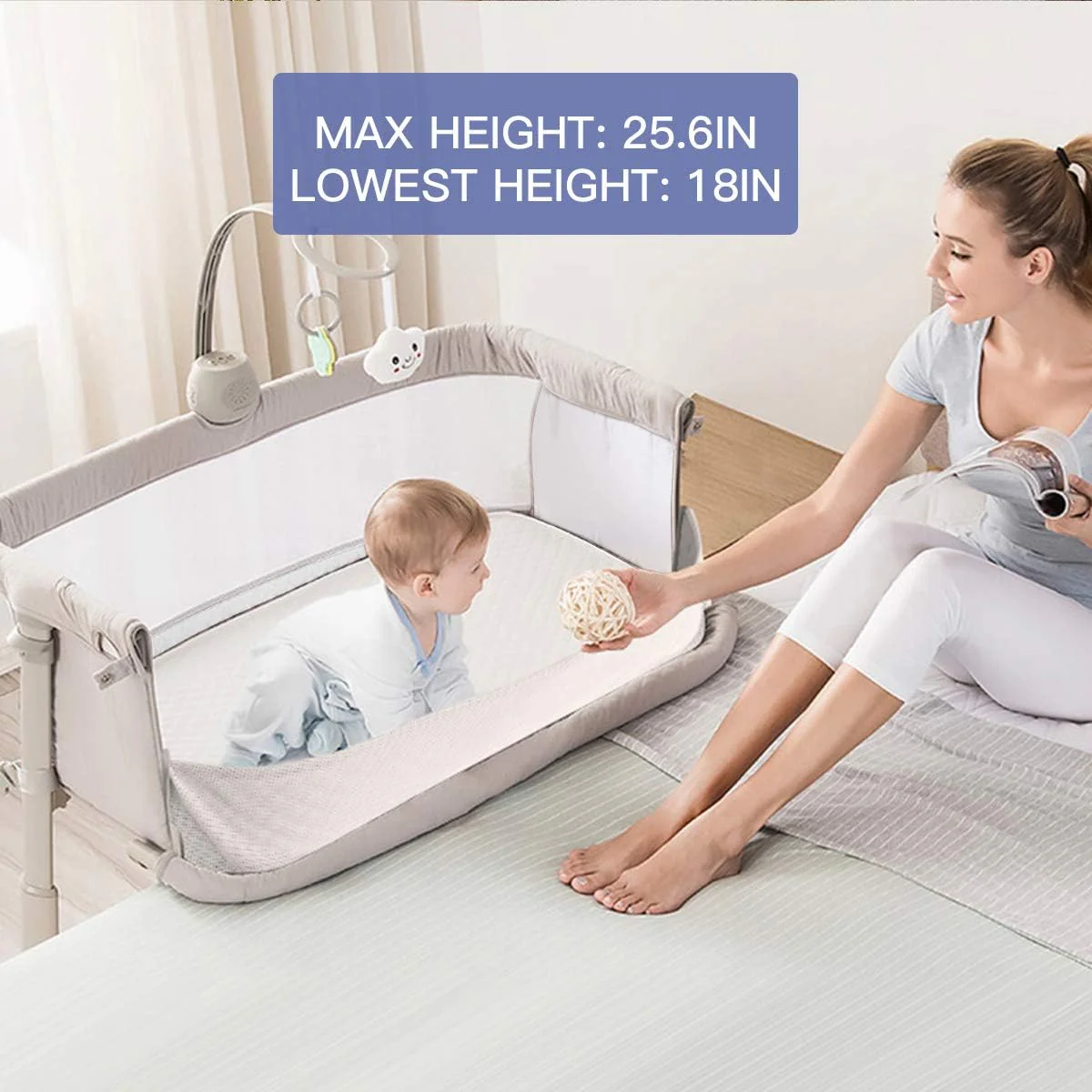 Baby Bedside Cradle Baby Bassinet, Best Bed Crib for Newborns, Portable Sleeper for Safer Co-Sleeping, Cot Bed Plus Hanging Figure, Music and Built-in Wheels - Girls, Boys, Unisex