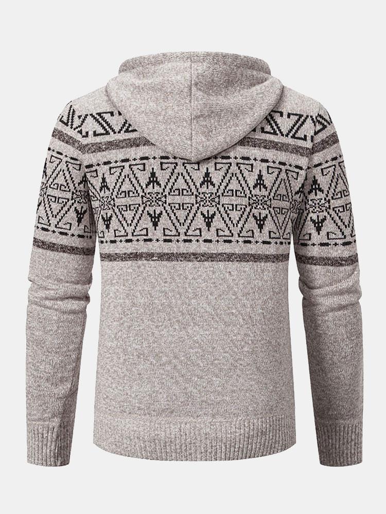 Aztec Geometric Pattern Zip Hooded Sweater