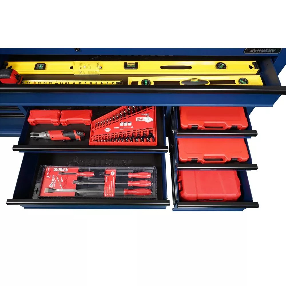 72 IN. 18-DRAWER MOBILE WORKBENCH WITH ADJUSTABLE-HEIGHT SOLID WOOD TOP IN MATTE BLUE